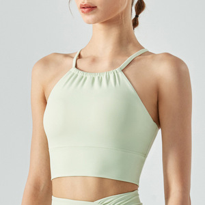Women Halter Ruched Criss Cross Back Yoga Bra Padded Sleeveless Sports Bra Light Support Pilates Gym Workout Crop Tank Top - Product Image 2