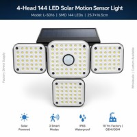 Lampe solaire à détecteur de mouvement, 144 LED, 1200LM, super lumineuse, multi-têtes, lampe murale de sécurité, étanche IP65, lumière extérieure pour chemin