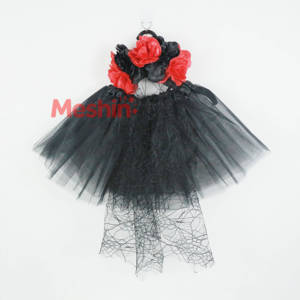 MS Kids Gothic Witch Costume Set with Black Spider Web Tutu Skirt and Red Rose <b>Headband</b> - Product Image 1