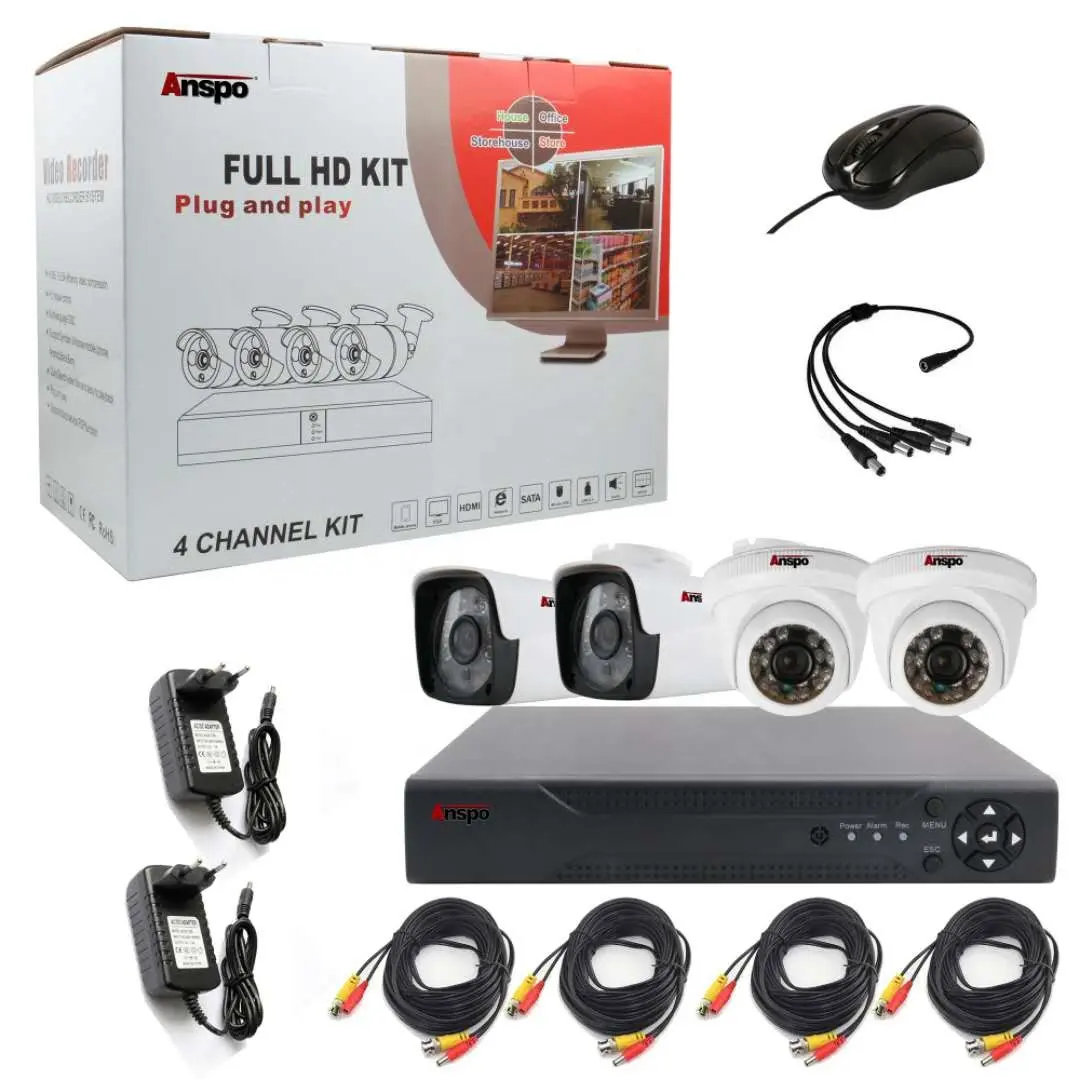 Anspo CCTV Camera System 4 channel AHD 1080P camera with 2MP DVR complete set outdoor indoor waterproof P2P plug and play