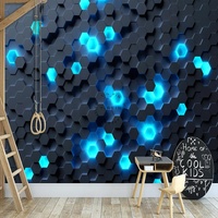 Papier peint géométrique hexagonal néon noir et bleu, décoration de salle de jeux high-tech, peintures murales autocollantes