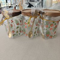 Pot de rangement en verre transparent à rayures verticales avec motif de Noël, couvercle en bois d'acacia et cuillère en métal assortie pour café, sucre, thé, noix