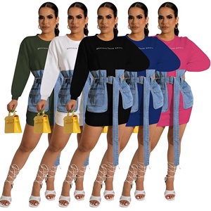 2024 automne lettre brodée cravate courte à manches longues robes robe <span class=keywords><strong>en</strong></span> jean femmes robe <span class=keywords><strong>en</strong></span> jean - Product Image 1