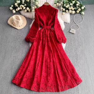 Robe midi vintage décontractée d'été pour femme, durable, respirante, lavable, en dentelle, coupe trapèze, manches longues, taille empire - Product Image 3