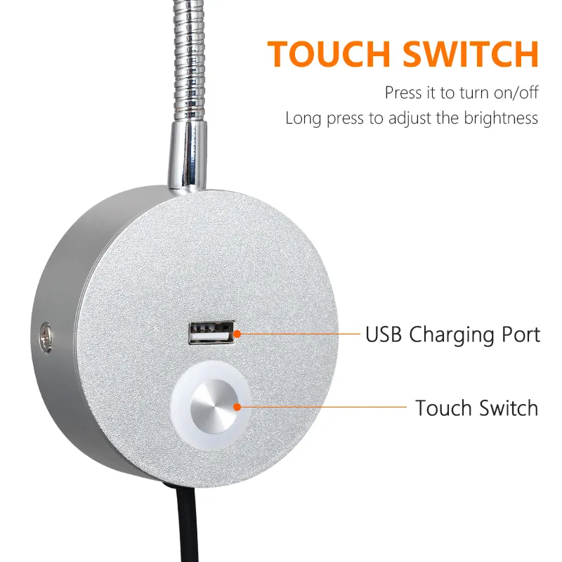 Lampe de lecture LED tactile 3W à intensité variable avec cordon de prise Lampe de lecture murale LED pour chambre d'hôtel Lampe de lecture USB