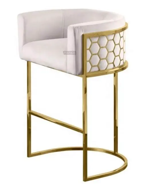 Производитель YH поставляет прямое кресло из золотистого металла, полукруглая спинка, изогнутый высокий барный стул с бархатным сиденьем