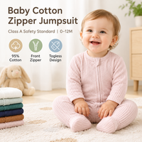 Jumpsuit Bayi Katun dengan Resleting 95 Persen Katun Kelas A Resleting Depan Tanpa Label Berkaki Unisex Bayi Baru Lahir 0 hingga 12 Bulan