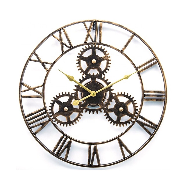 Industrial Style Roman Numerals Iron Skeleton Gear Black Metal Quartz Wall Clock Silent Large Size Clock
