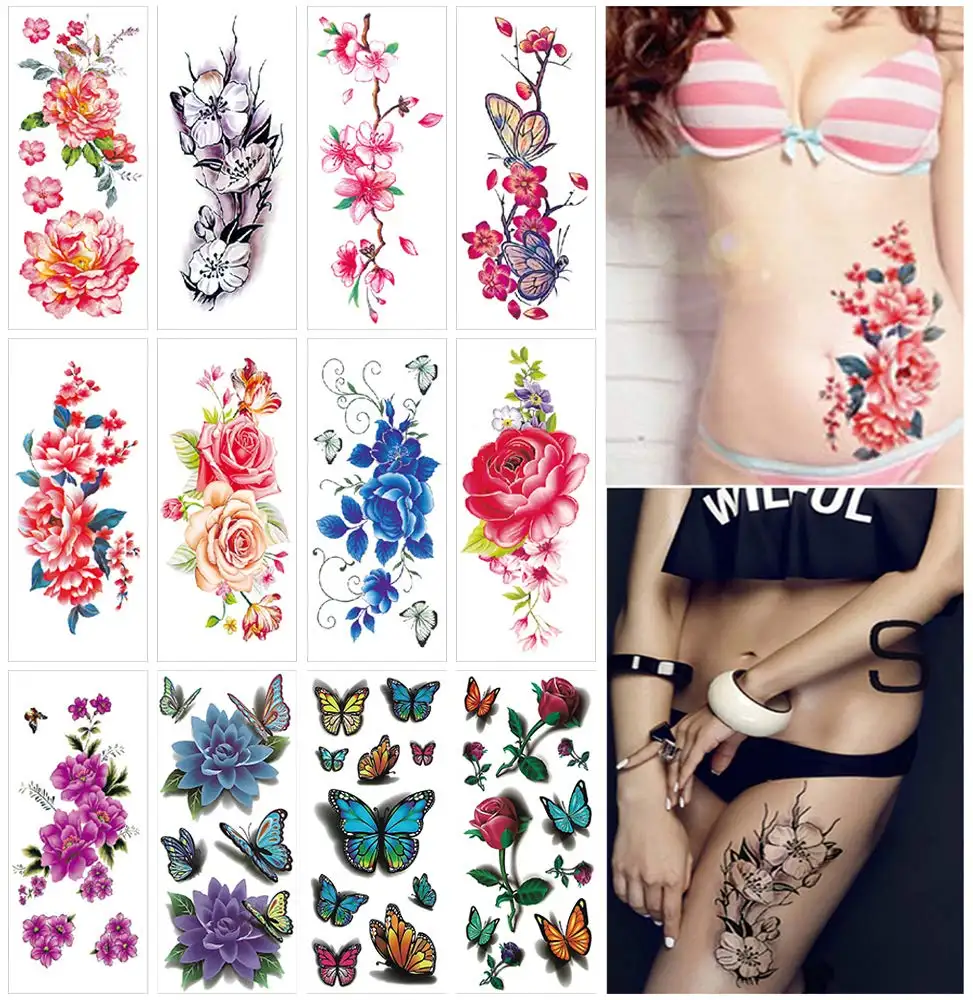 Bloem Tijdelijke Tatoeages Voor Vrouwen Volwassenen 3d Vlinder Rose Tattoo Waterdichte Body Art Temp Tattoo Sticker