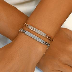 Pulsera de Oro Sólido de 18k con Diamantes Naturales, Diseño Curvo, Eslabones Cubanos con Incrustaciones de Diamantes - Product Image 2