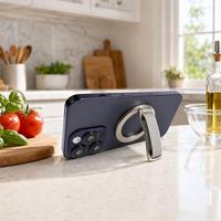 Support de téléphone 2-en-1 avec anneau et béquille, anneau métallique argenté avec sangle en nylon tressé, support mains libres pour la visualisation de vidéos en cuisine