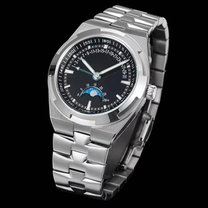Best-selling Top-tier Luxury Moonphase Retrograde Date Mens <b>Watch</b> Silver Metal Bracelet <b>Black</b> Face Automatic Mechanical Newest - Product Image 1