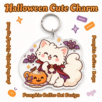 Porte-clés en acrylique personnalisé en usine, thèmes Halloween Kawaii : Chat vampire, Citrouille, Chauve-souris, Boisson, et Breloque de sac transparente style dessin animé, Souvenir de vacances