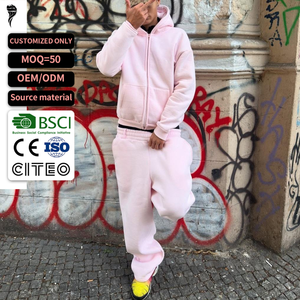 Manufacturer Breathable Eco-Friendly Sporty Zip Hoodie Jogger Outfit Two Piece Heavyweight Pink Oversized Tracksuit for Men - Product Image 1