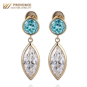 Joyería personalizada de oro de 14 quilates, pendientes colgantes con diamante de laboratorio de 3 quilates con corte marquesa y engaste de bisel, pendiente con zafiro de laboratorio redondo de 1 quilate. - Product Image 1