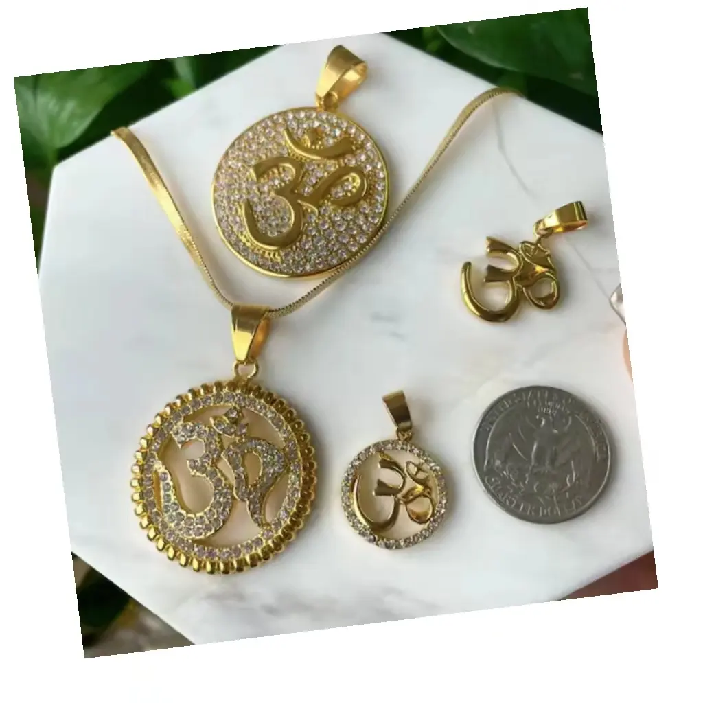 Jialin INS stainless steel cz mirco pave om symbol Muslim religion allah yoga ancient India 24k gold om pendant necklace