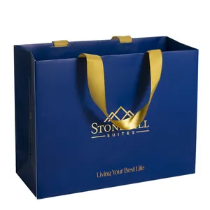 Custom luxury blue clothes store retail packaging gift carry bags boutique printed logo shopping paper bags with ribbon handle