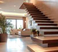 Escalier droit en acier moderne, escalier flottant intérieur avec marches en bois et garde-corps en verre pour maison haut de gamme