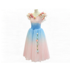 Robe de ballet rose et bleu dégradé pour filles, costume de danse féerique pour enfants, longue jupe en tulle avec appliques florales 3D pour Coppelia - Product Image 3