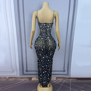 Abiti da Sera con Strass Argentati, Elegante <span class=keywords><strong>Vestito</strong></span> Lungo <span class=keywords><strong>Nero</strong></span> <span class=keywords><strong>Trasparente</strong></span> in Rete per Donna - Product Image 3