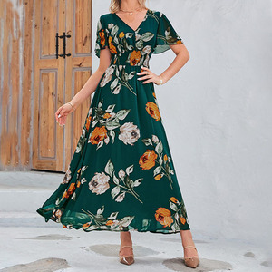<span class=keywords><strong>Abito</strong></span> Lungo Floreale Boho da Donna, Vestito Fluido Casual per Matrimoni, Vacanze e Spiaggia, Elegante <span class=keywords><strong>Abito</strong></span> <span class=keywords><strong>Verde</strong></span> <span class=keywords><strong>Smeraldo</strong></span> per Signora - Product Image 2