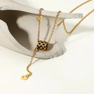 Stainless steel black oil checkerboard small waist clavicle chain Y ladies 18K gold necklace