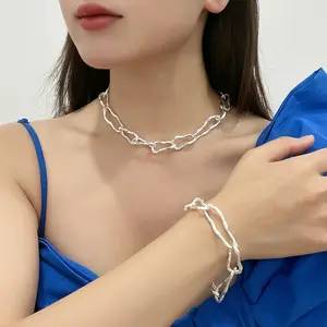 90's Punk Style Geometric Metal Grain Necklace Old Silver Plated Molten Melt Choker Cuban Chain Necklace Bracelet Jewelry Set