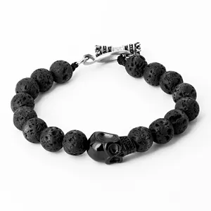 Groothandel Custom Zwarte Vulkanische Lava Steen T Bar Gesp Armband Rvs Skull Kralen Armband Voor Mannen Sieraden
