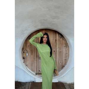 Robe de soirée plissée Mirela verte en satin polyester, taille empire, manches courtes, longueur ras du sol, taille XL, pour fêtes et bals de promo - Product Image 4