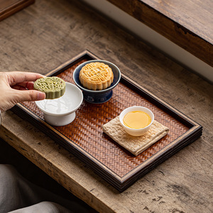 Retro Zen-inspired bamboo <b>tea</b> <b>tray</b>, bamboo woven mat surface, rectangular small <b>tea</b> table, <b>tea</b> set storage plate - Product Image 4