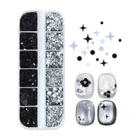12 Grilles de Mini Paillettes Mixtes Argent et Noir pour Nail Art, Cœurs Brillants, Étoiles et Strass Ronds, Accessoires pour Ongles