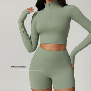 MIQI Sleeve Crop Top Keine Front naht Leichte Fahrrads horts für Damen Set Zweiteilige Yoga-Sets mit langem Reiß verschluss und langem Spandex/Nylon für Erwachsene - Product Image 3