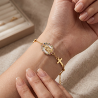 Gelang Rantai & Liontin Salib Emas Lapis Perak Sterling 925 Kristen Religius Fesyen Khusus untuk Unisex Wanita Pria