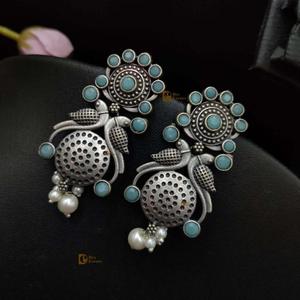 <b>Silver</b> Replica Oxidised Peacock Dangler <b>Earrings</b> With Pearl Beads Gift for Casual Party Wear Handmade Bulk Product - Product Image 1