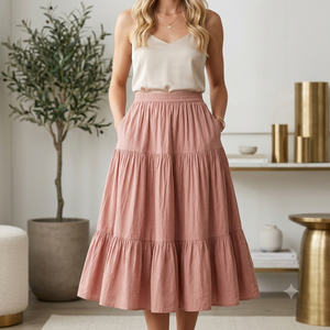 Falda Midi de Lino y Algodón para Mujer, Estilo Casual de Verano, Cintura Elástica, Color Sólido, con Volantes, Venta al Por Mayor - Product Image 1