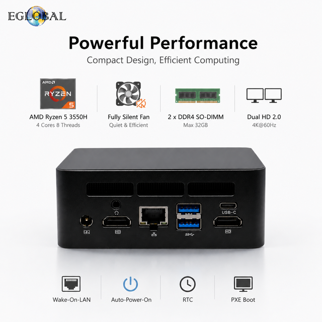 EGLOBAL Pocket Pc AMD R5 3550H Vega8 4K Support 8GB DDR4 256GB NVME SSD Wake on Lan PXE for Home Office Education Gaming