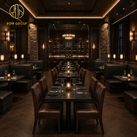 Meubles de restaurant haut de gamme Ron Group, banquette capitonnée en forme de U sur mesure, table carrée durable, chaise en cuir à dossier haut