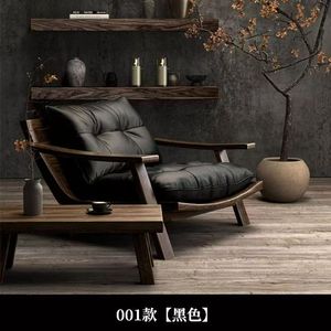 Silla reclinable de cuero y madera maciza de estilo nórdico para sala de estar, balcón, silla informal para té, estilo de diseño retro - Product Image 5