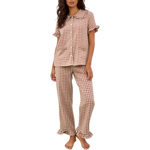 Gingham Pajama Set For Women 2 Piece Short Sleeve Button <b>Down</b> Cotton Sleepwear Plaid <b>Pants</b> With Ruffle Details Casual Lounge - Product Image 1