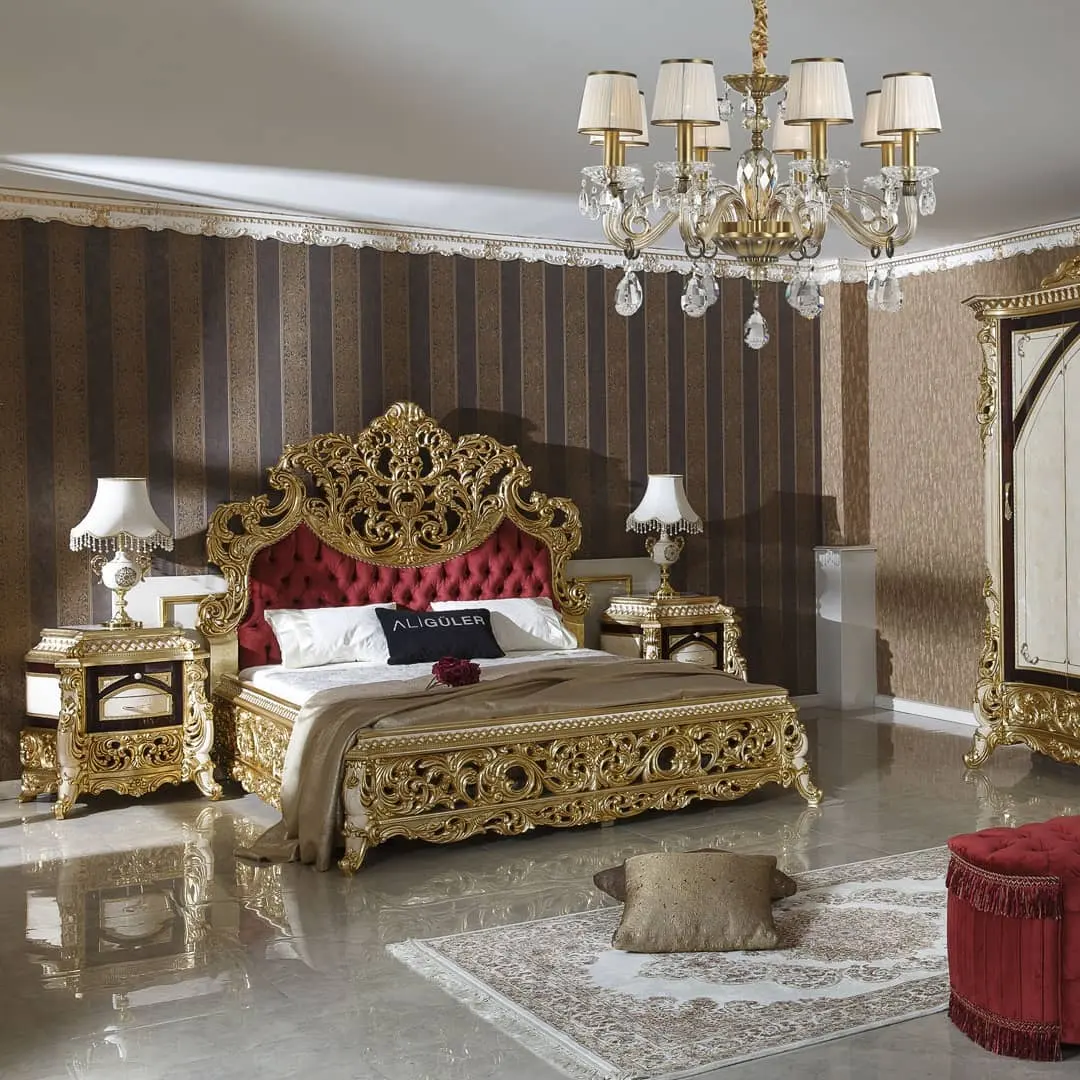 Luxury unique Made European Rococo Antique Bed for Master Bedroom Gold Leafing Style bed Royal Imperial Hand