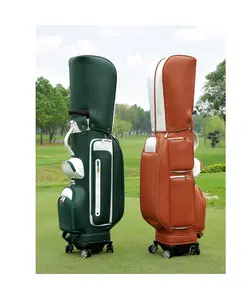 男性用および女性用4輪フラットレザーゴルフクラブバッグ防水トラベルゴルフスタンドバッグ、大容量ポータブル
