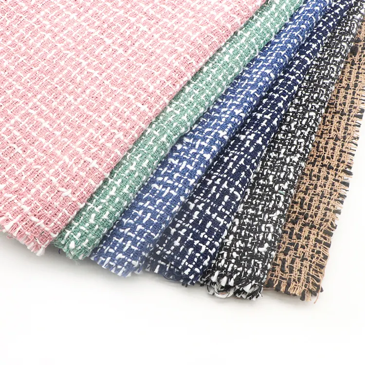 Telas de tweed tejidas Boucle de lana a cuadros 100% poliéster 340gsm estilo Chane-style personalizadas recicladas para abrigo