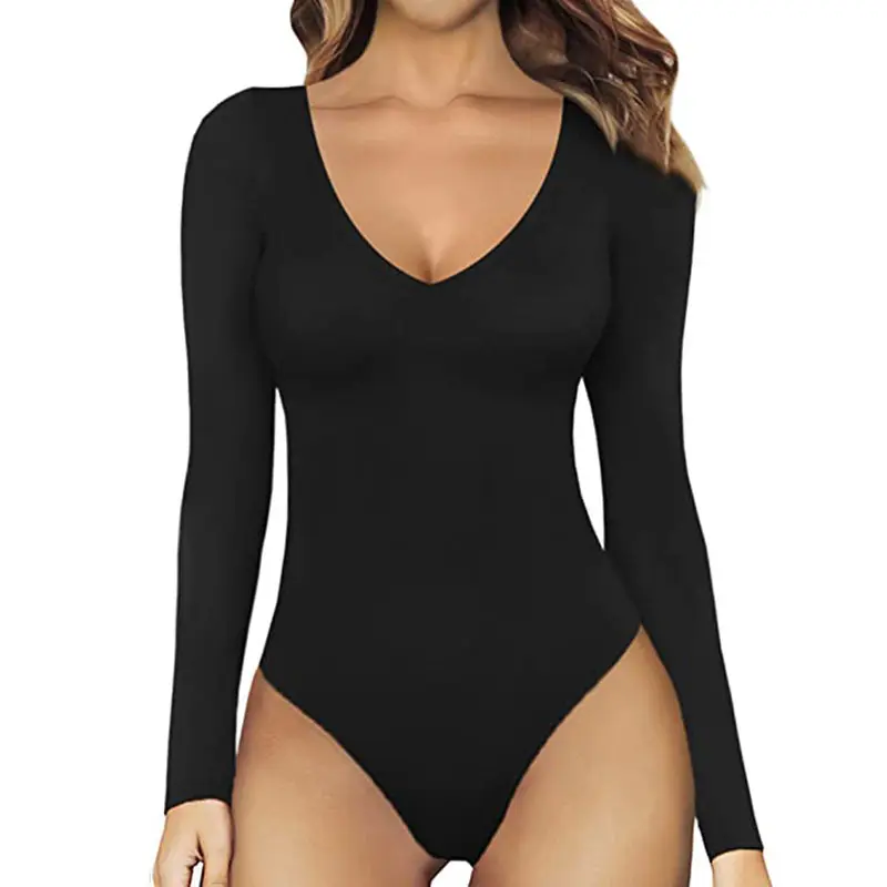 थोक उच्च गुणवत्ता महिलाओं गहरी वी गर्दन लंबी आस्तीन सबसे ऊपर है सेक्सी Bodysuit फैशन ठोस रंग Bodysuit के लिए महिलाओं के वस्त्र