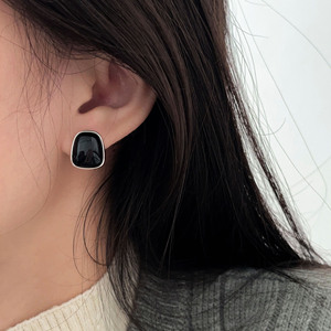 Ruitai S925 Sterling <b>Silver</b> <b>Stud</b> Earrings Geometric Black Bezel Setting Everyday Wear - Product Image 1