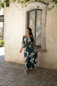 Handmade Cotton Dark Green Floral Print Long Maxi Dress Short Sleeves V Neck Relaxed Fit and Flowing Silhouette <b>Kimono</b> Dress - Product Image 2