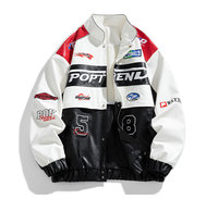Blouson de moto en cuir brodé avec patchs color block pour homme, col montant, fermeture éclair, imperméable, pour la conduite urbaine