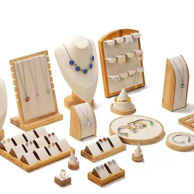 SUNDO Wholesale High Quality Velvet Jewellery Shop Props Necklace Earrings Bamboo Wood Jewelry Stand Rack Display Set Luxury