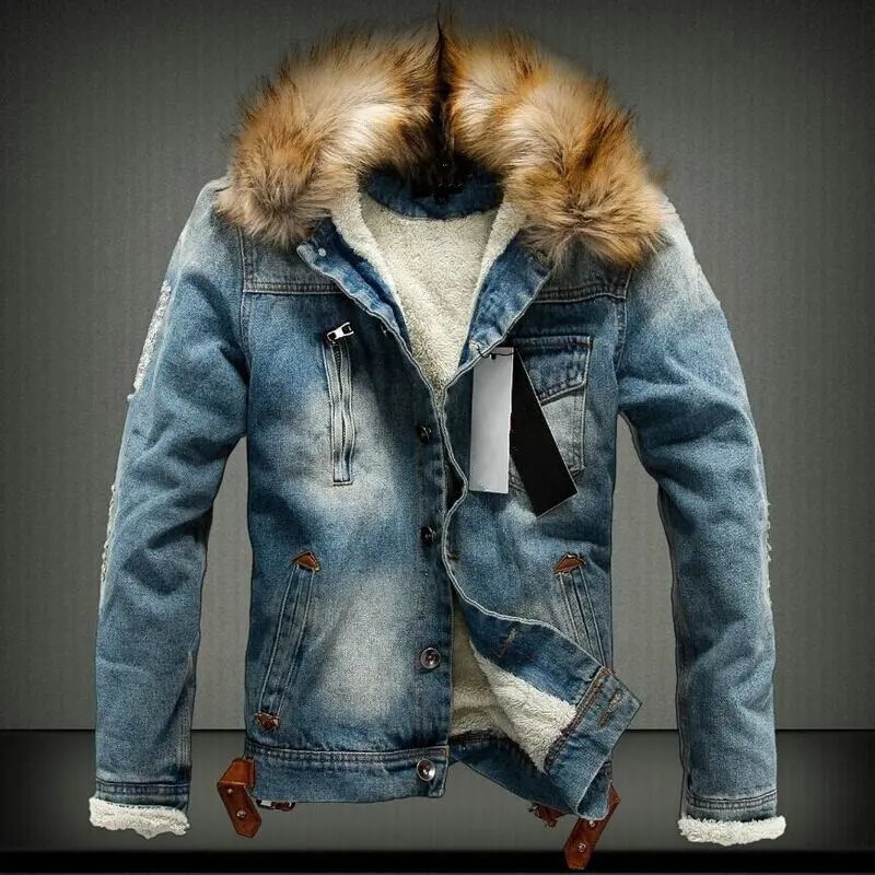 Blouson en fausse fourrure pour homme, veste en jean, chaud, avec poches et col en fourrure, automne et hiver