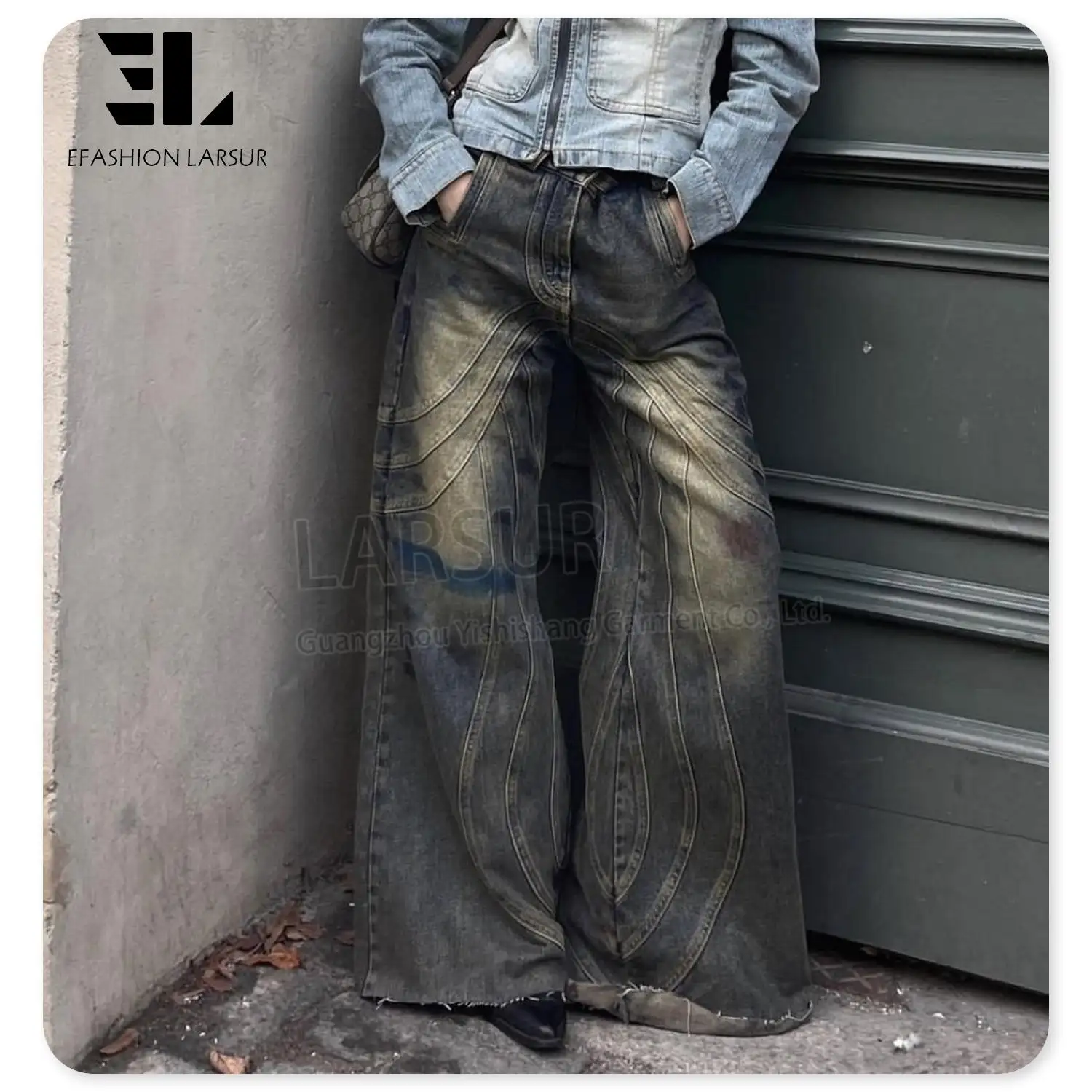 LARSUR Custom Denim Factory Vintage schwere Distressed Flare Jeans hose Männer Wellen naht weites Bein Flare Jeans Männer schneiden und nähen Jeans