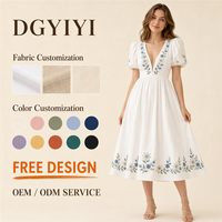 Robe décontractée pour femme, col plongeant en V, manches bouffantes, broderie florale, robe midi, coton 220GSM, coupe trapèze, logo personnalisé OEM, robe décontractée